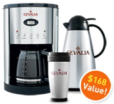 Stainless Steel Coffeemaker, Carafe, Travel Mug and 2lbs of Coffee