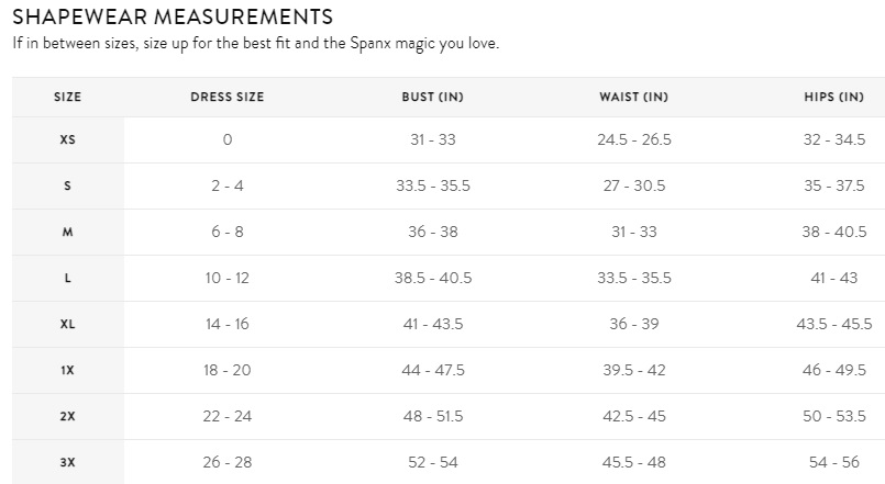 Spanx Shapewear Size Chart