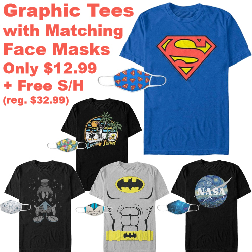 Graphic Tee with Matching Face Mask Sets