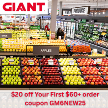 Get $20 off $60 at Giant grocery store with coupon GM6NEW25